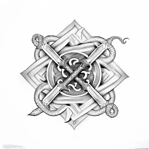 sword with 2 snakes intertwined around it with leaves and daisy's  tattoo design idea