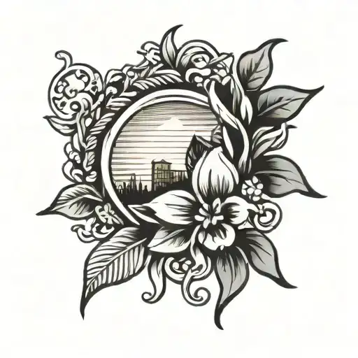 sunrise simple with a laurel wreath around it tattoo design idea