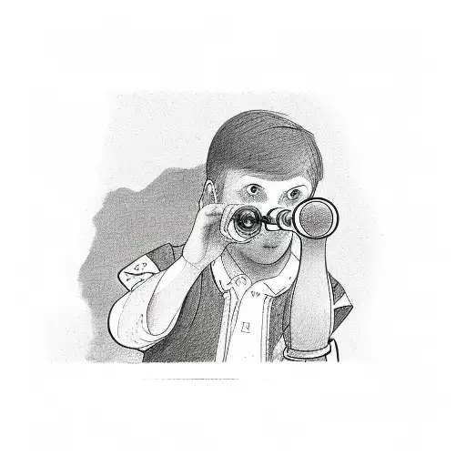 Kid looking through a telescope tattoo design idea