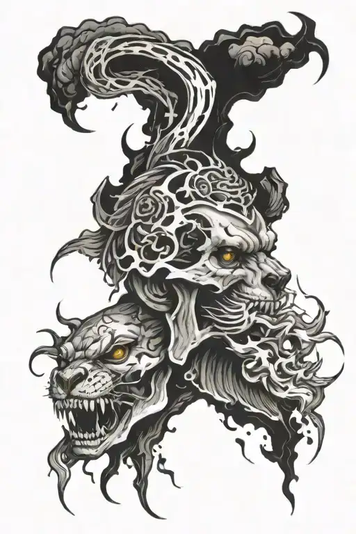 Skull with smoke rising from the eye holes and a lions head biting the skull with lightning going around both of them tattoo design idea