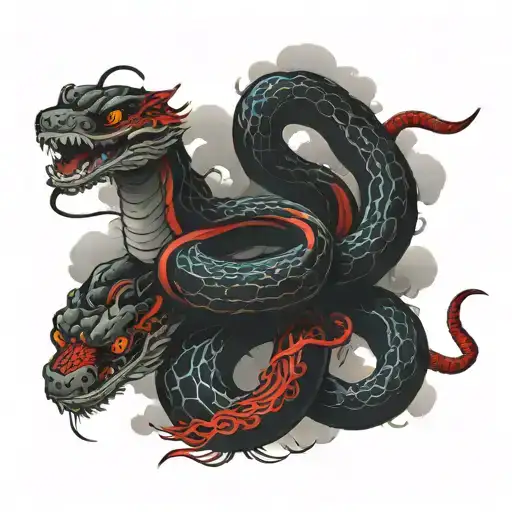 Japanese realistic tattoo with snake and clouds, two pieces, upper chest , below neck, Black and red.  tattoo design idea