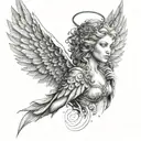 Create a tattoo of a guardian angel with intricate lash extensions tattoo design idea