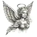 Create a tattoo of a guardian angel with intricate lash extensions tattoo design idea