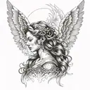 Create a tattoo of a guardian angel with intricate lash extensions tattoo design idea