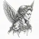 Create a tattoo of a guardian angel with intricate lash extensions tattoo design idea