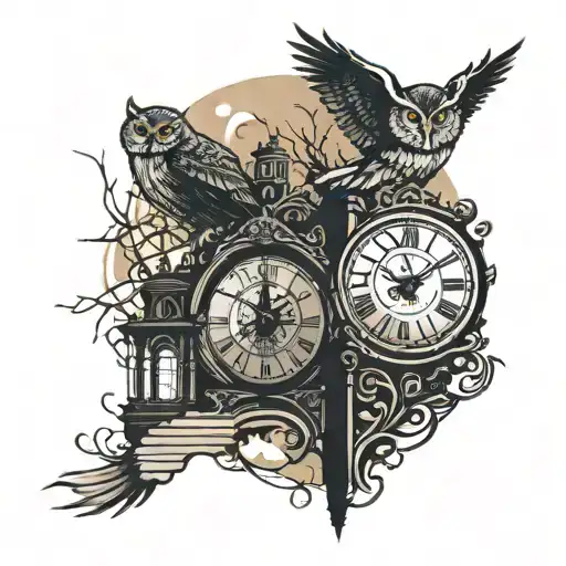 broken clock face background, stairway to heaven, owl perched at gates to heaven tattoo design idea