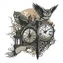 broken clock face background, stairway to heaven, owl perched at gates to heaven tattoo design idea