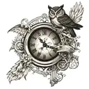 broken clock face background, stairway to heaven, owl perched at gates to heaven tattoo design idea