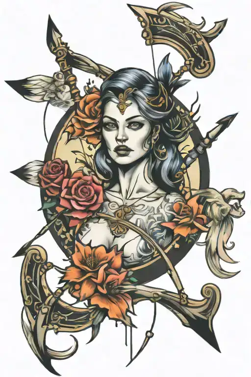SAGITARIUS, POWERFULL WOMAN, HARD PAST, BETTER FUTURE, ARROW AND BOW tattoo design idea