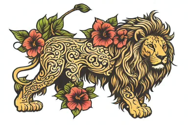 full body lion with hibiscus flower tattoo design idea