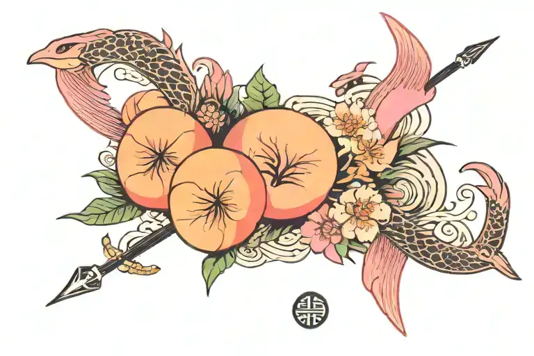 "pink matter - 0:51" with peach and arrow tattoo design idea