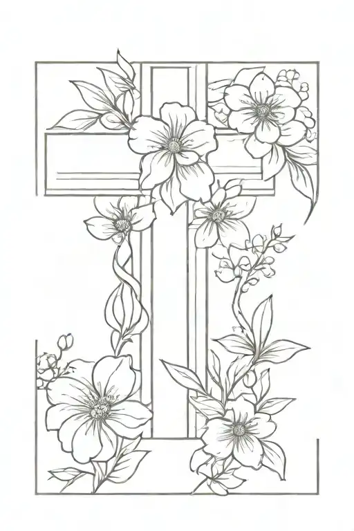 simple cross with birth flowers of may January and August on it   tattoo design idea
