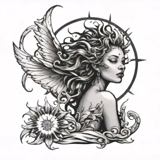 black and white drawing of a sun with a fairy resting inside of it tattoo design idea