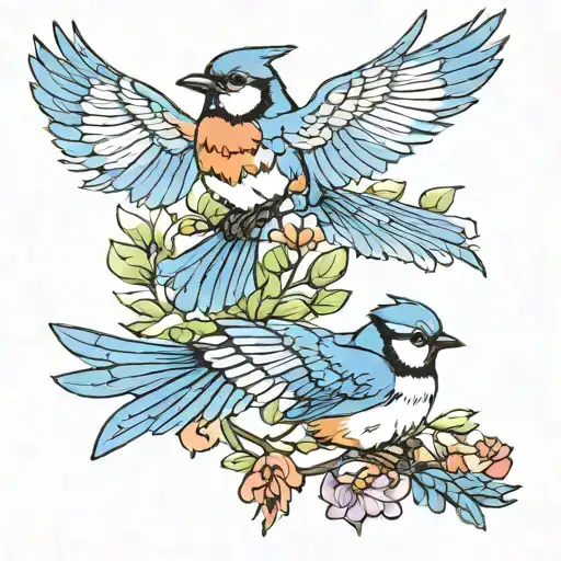 Robin and Blue Jay birds flying tattoo design idea