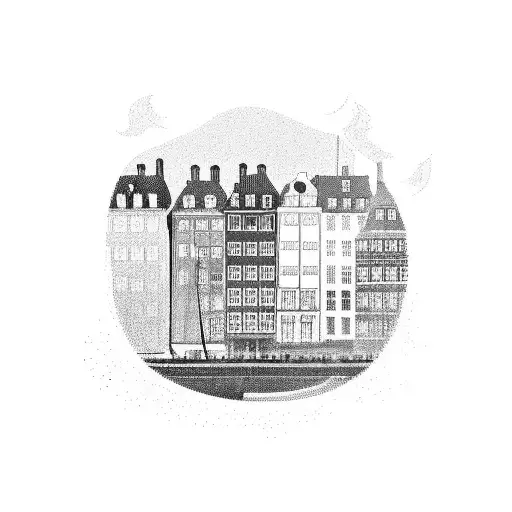 A minimalist outline of the iconic Nyhavn houses in Copenhagen, with a wave crashing in the background tattoo design idea