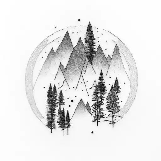 minimal tattoo of mountain with pine trees and moon with stars  tattoo design idea