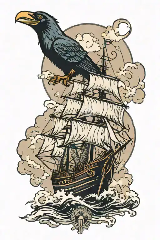 A traditional style tattoo of a navy ship sailing through stormy seas, with a raven perched on the mast and a wolf howling at the moon tattoo design idea