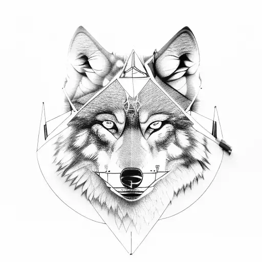 Tecnological wolf with blue eyes and triangles  tattoo design idea