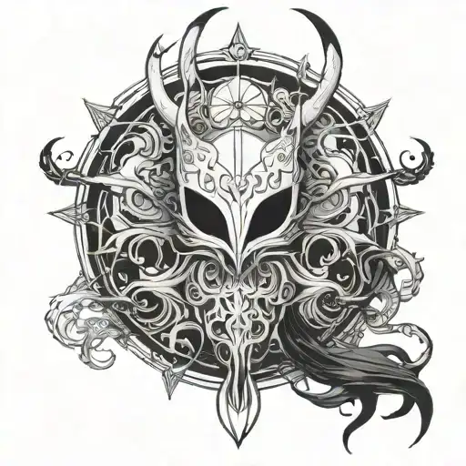 An intricate design of Hollow Knight and it's shadow in conflict tattoo design idea