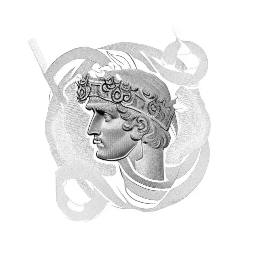 Olympic tattoo with the Olympic rings and a laurel leave like Caesar. in the background a Roman statue clothed in silk tattoo design idea