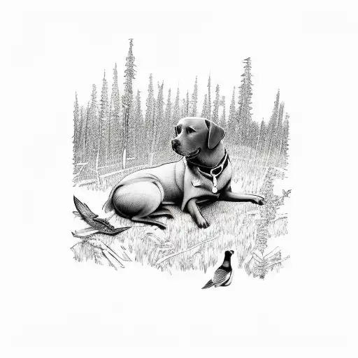 A Labrador retriever retrieving a fallen bird in a dense forest setting tattoo design idea