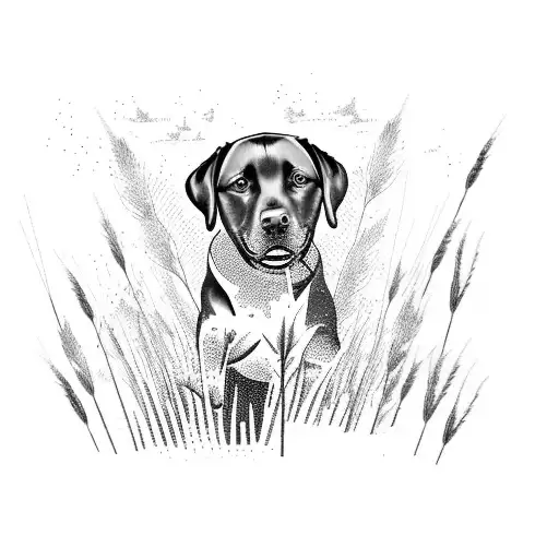 A Labrador retriever jumping into a lake, surrounded by reeds and cattails tattoo design idea