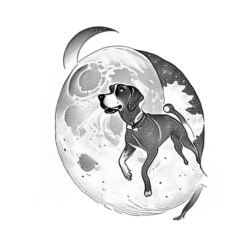 A silhouette of a hunter with a Labrador retriever by their side, against a moonlit sky tattoo design idea