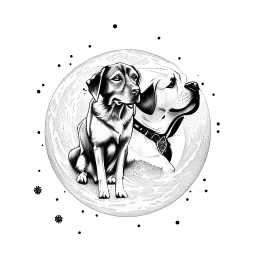 A silhouette of a hunter with a Labrador retriever by their side, against a moonlit sky tattoo design idea