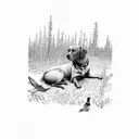 A Labrador retriever retrieving a fallen bird in a dense forest setting tattoo design idea