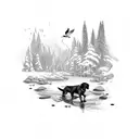 A Labrador retriever retrieving a fallen bird in a dense forest setting tattoo design idea