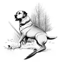 A Labrador retriever retrieving a fallen bird in a dense forest setting tattoo design idea