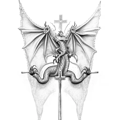 A dotwork dragon holding a cross in its claws, with a rosary draped around its neck tattoo design idea