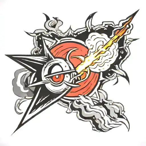 smoke billowing, shooting star passing through, opposite to the shooting star a pair of red eyes tattoo design idea