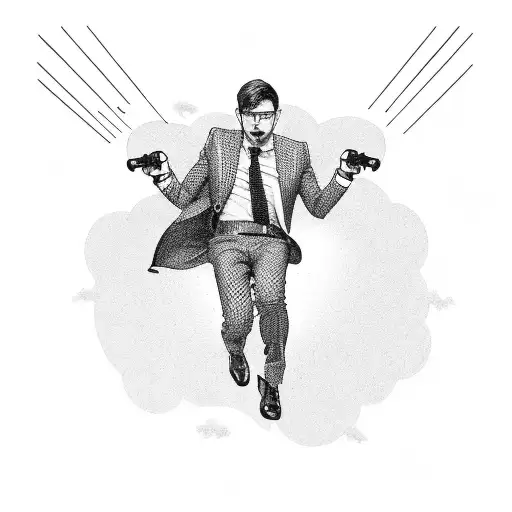 a men waring a suit falling down how bosy upside down while holding an ak-47 in his hand  tattoo design idea