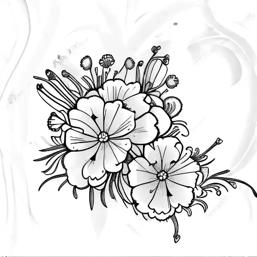 A beautiful bouquet of carnations, snowdrops, violets, primroses, daisies, sweet peas, marigolds, and cosmos arranged in the shape of a heart tattoo design idea
