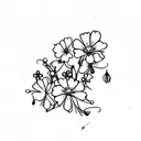 A delicate cross made up of intertwined carnations, snowdrops, violets, primroses, daisies, sweet peas, marigolds, and cosmos tattoo design idea