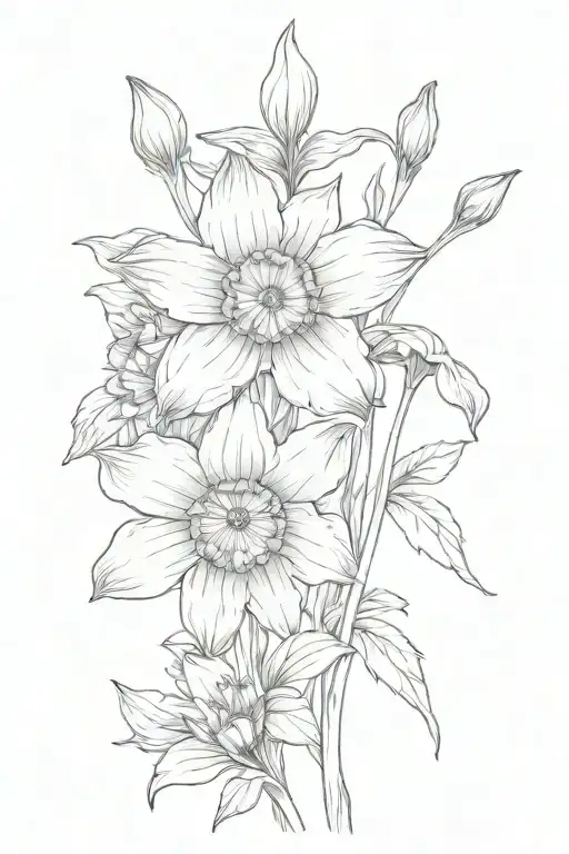 single daffodil, calendula and primrose each with a single intertwined stem tattoo design idea