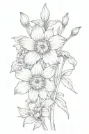 single daffodil, calendula and primrose each with a single intertwined stem tattoo design idea