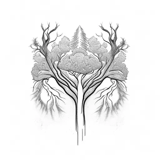 A stunning blackwork tattoo of a tree with its roots transforming into soundwaves, representing the harmony of nature and music tattoo design idea
