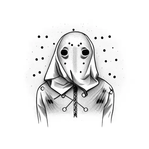 Stick figure man without head, holding another head in his hands, no face tattoo design idea