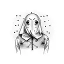 Stick figure man without head, holding another head in his hands, no face tattoo design idea