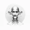 Stick figure man without head, holding another head in his hands, no face tattoo design idea