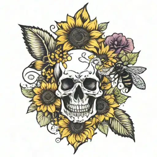 sunflower blooming cherry blossom with bees and skulls tattoo design idea