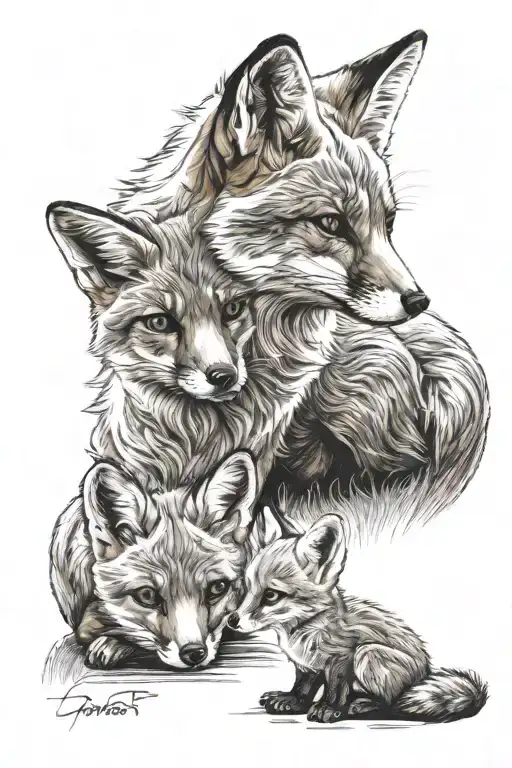 Protective Mother fox with her baby fox and the baby fox looking up to the mother while being cuddled tattoo design idea