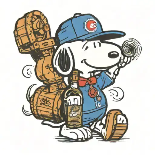 snoopy in a chicago cubs hat holding a bottle of whiskey  tattoo design idea