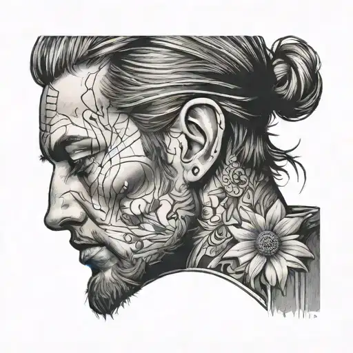 A melancholic portrait of a lover gazing into the distance, lost in thought tattoo design idea