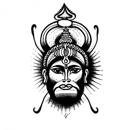 an armband tattoo with verses of hanuman chalisa as the band and hanumans face in between tattoo design idea