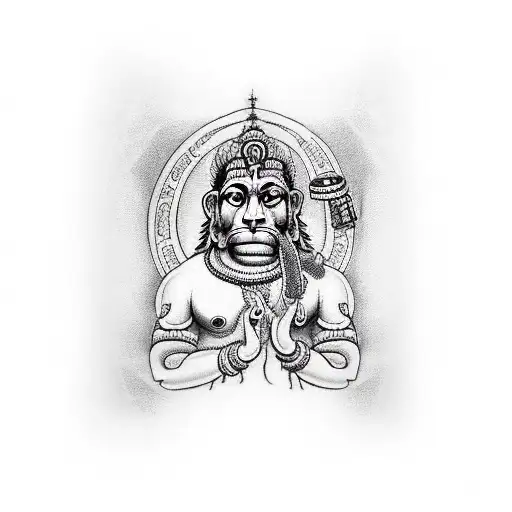 an armband tattoo with verses of hanuman chalisa as the band and hanumans face in between tattoo design idea