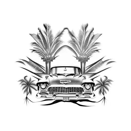 1955 Chevy nomad with palm trees and roses  tattoo design idea