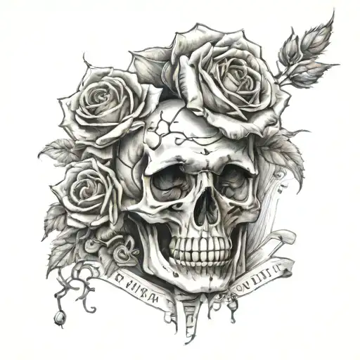 a skeleton holding a rose with a rosery wrapped around the hand also with some shadowing and a bible verse quote  tattoo design idea